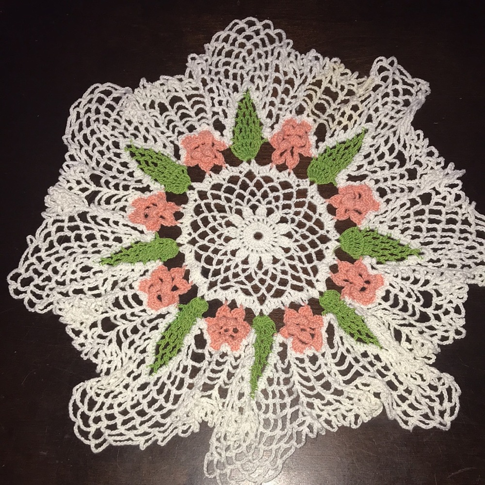Handmade Hand Crafted Crocheted 15” Doily with Pink Flowers and Green Leaves